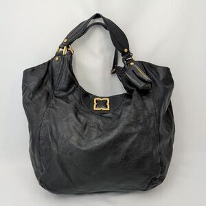 BCBGMAXAZRIA Black Leather Hobo Shoulder Bag Womens Gold Hardware Logo Pre-Owned